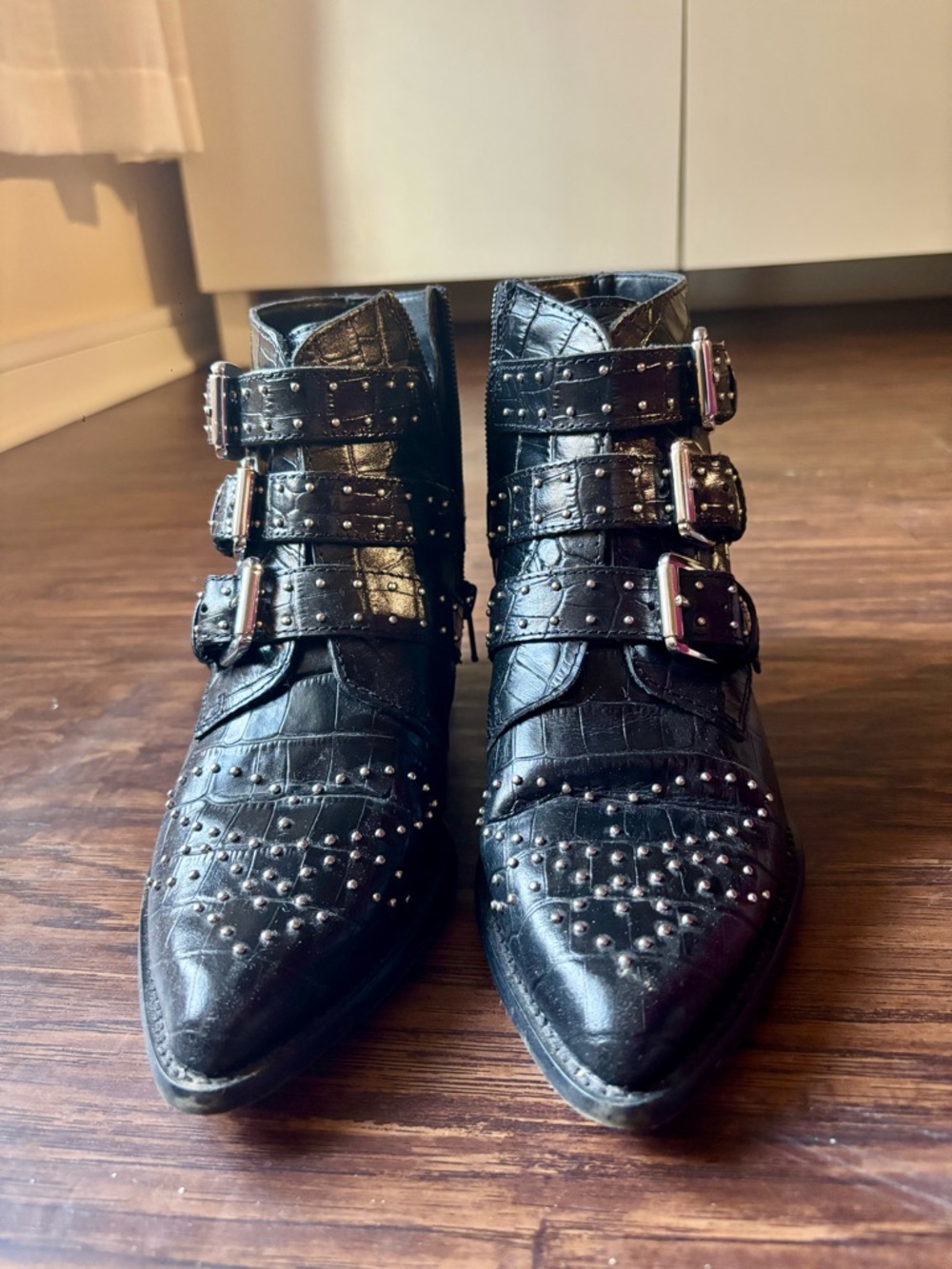 Aldo Black Studded Pointed Leather Ankle Boots with Triple Buckles - Picture 2 of 5